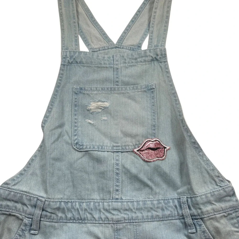 The Children's Place Girls 14 Denim Overall Distressed Patches Light Embroidered